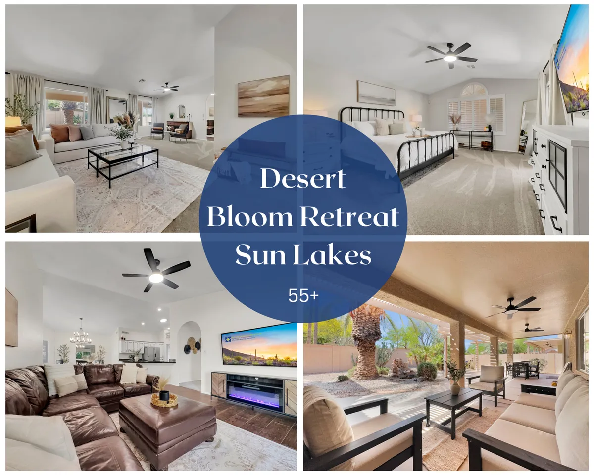 The image showcases a stylish, sunlit living room with a plush sofa, a chic coffee table, vibrant decorative plants, and a seamless flow to a tranquil outdoor seating area perfect for sunset views. The indoor space exudes comfort and elegance, while the patio invites relaxation and socializing against the backdrop of serene Arizona gardens.
