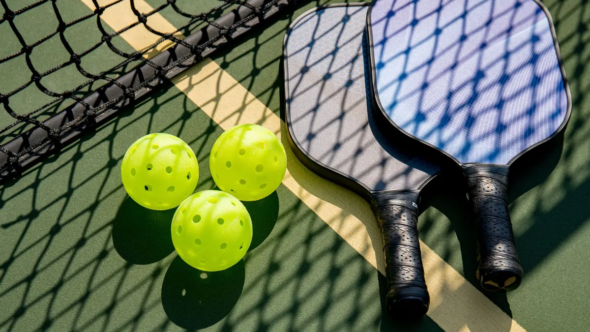 The image captures the vibrant energy of pickleball, with yellow pickleballs, paddles, and a net in the foreground. Players are seen engaging in a friendly match, emphasizing social interaction and active play.